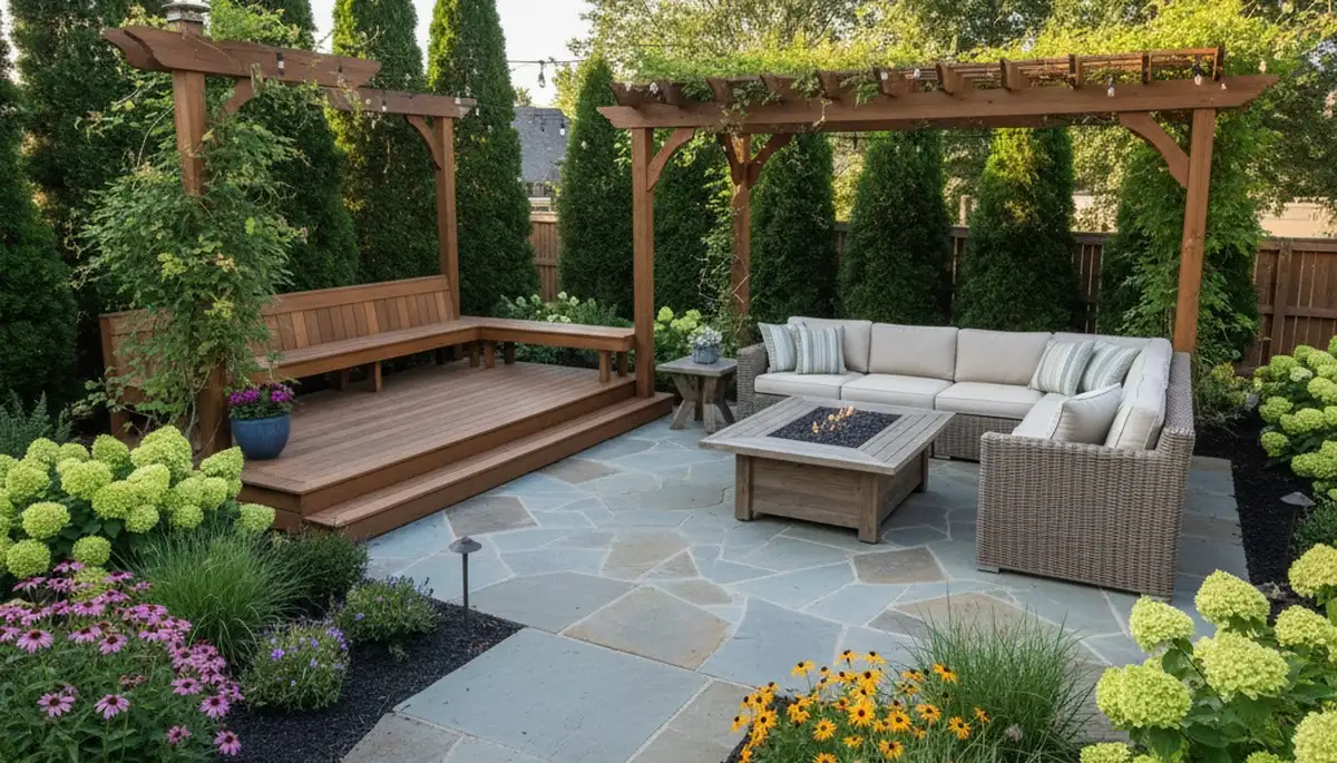 Backyard entertaining space with patio and lighting by Chop Chop Landscaping in Oklahoma City, OK