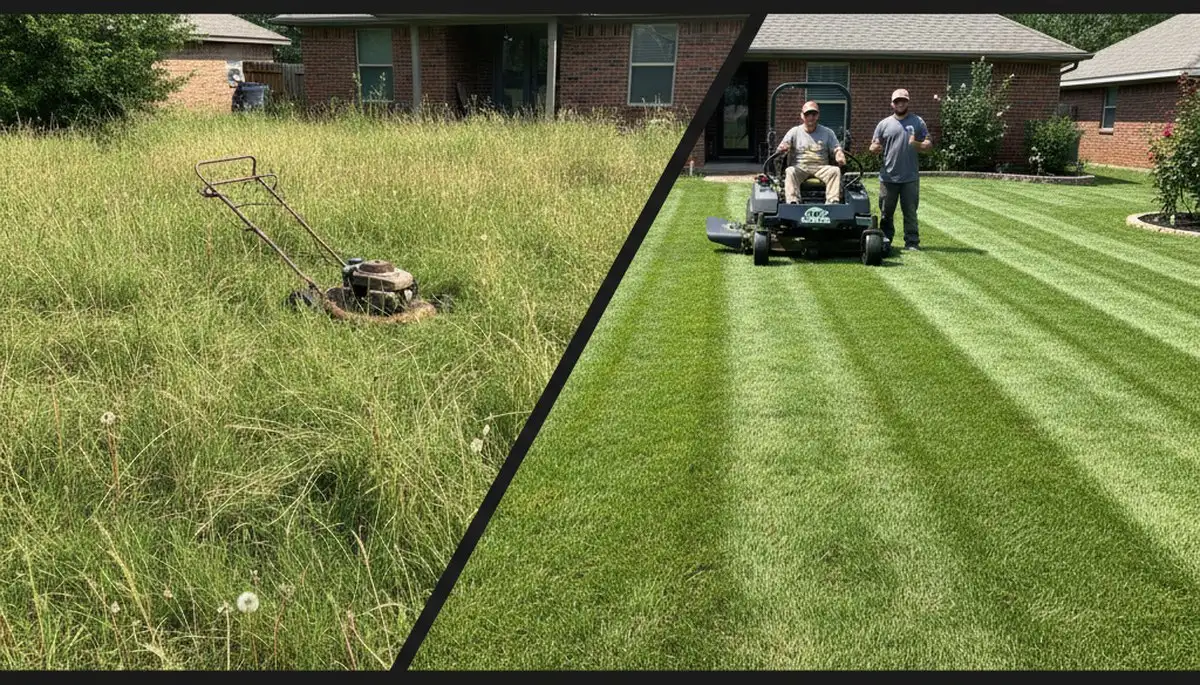 Before and after lawn mowing showing property transformation by Chop Chop Landscaping in Oklahoma City, OK
