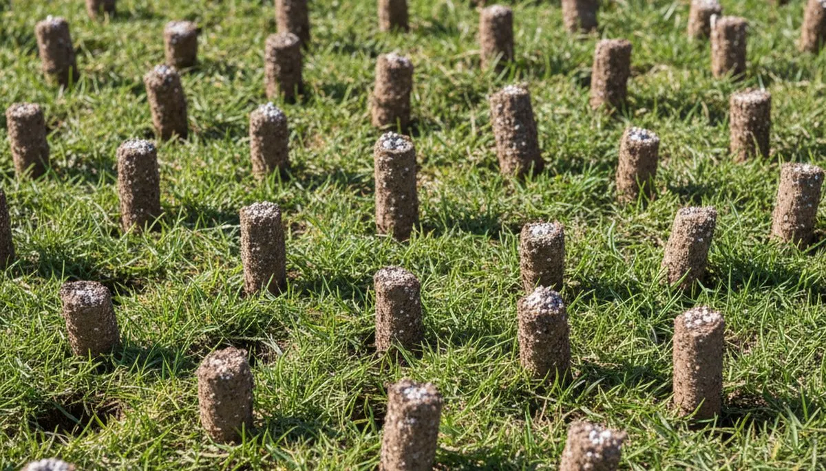 Close-up of lawn aeration soil cores showing plug depth and coverage in Oklahoma City, OK