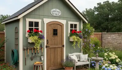 Decorative garden shed with custom landscaping in Oklahoma City, OK by Chop Chop Landscaping