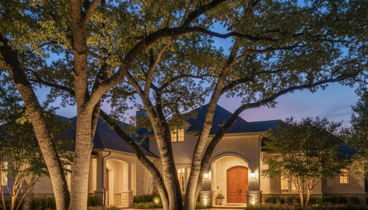 Dramatic tree uplighting by Chop Chop Landscaping in Oklahoma City, OK enhancing evening landscape design