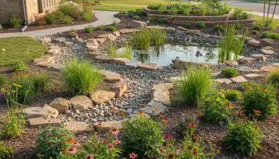 Rain garden with natural filtration by organic landscapers in Oklahoma City, OK promoting water conservation