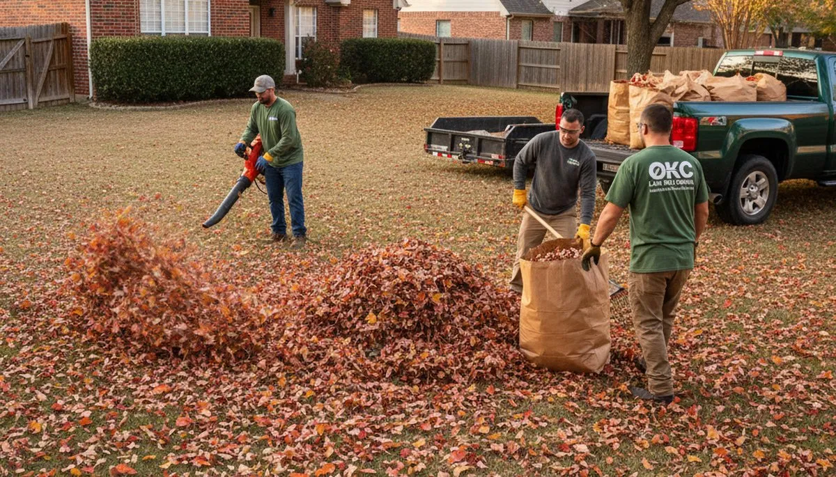 Technicians performing fall leaf removal and yard clean up in Oklahoma City, OK landscaping service