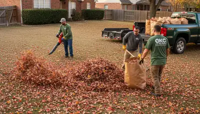 Technicians performing fall leaf removal and yard clean up in Oklahoma City, OK landscaping service