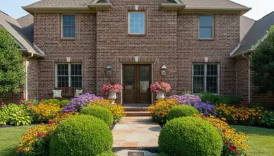 Front yard curb appeal landscaping with colorful shrubs and flowers in Oklahoma City, OK