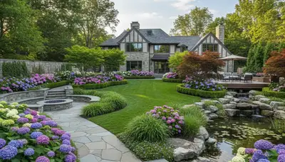 Full property landscape design with lawn, trees, and stone beds in Oklahoma City, OK residential yard