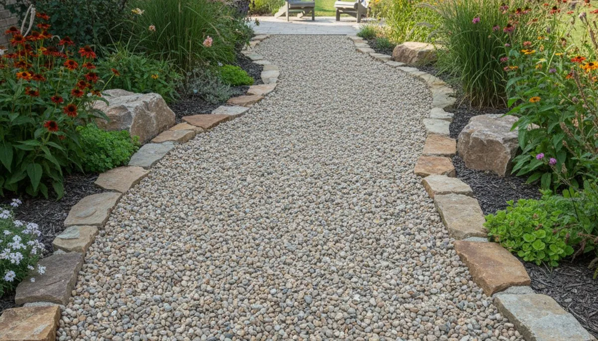 Professional pea gravel garden path installation in Oklahoma City, OK with natural landscape design
