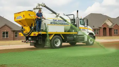Hydroseeder truck spraying green slurry for lawn installation in Oklahoma City, OK landscaping service