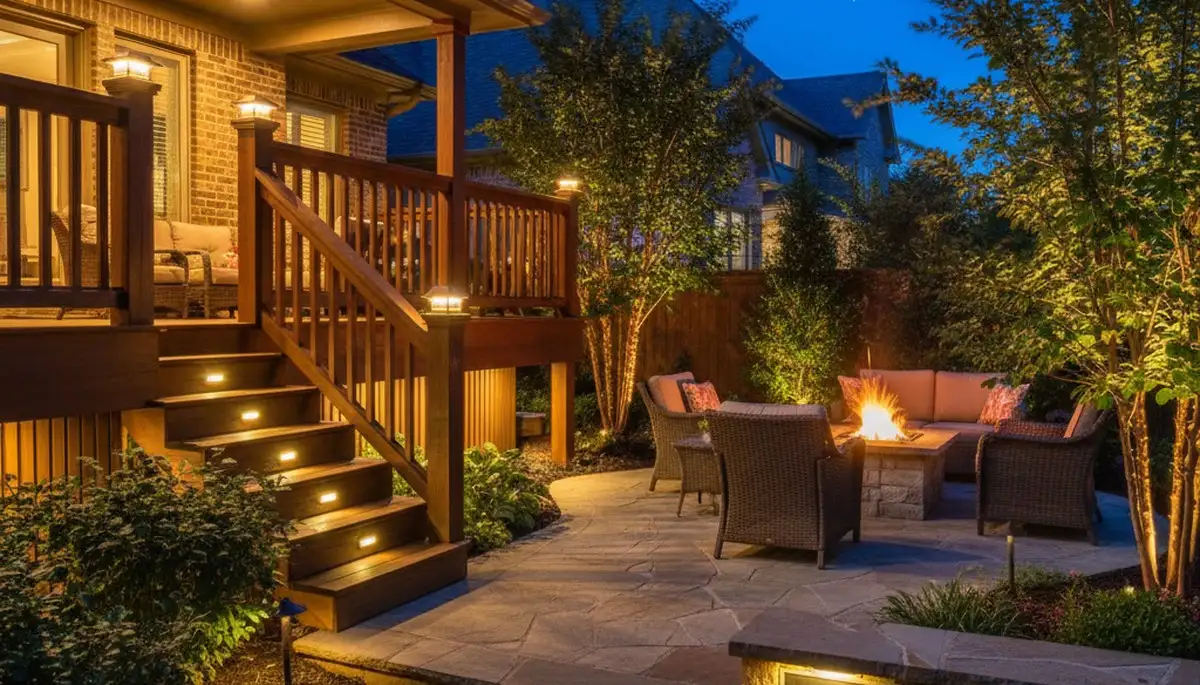 Outdoor landscape lighting illuminating patio and deck in Oklahoma City, OK by Chop Chop Landscaping