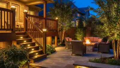 Outdoor landscape lighting illuminating patio and deck in Oklahoma City, OK by Chop Chop Landscaping