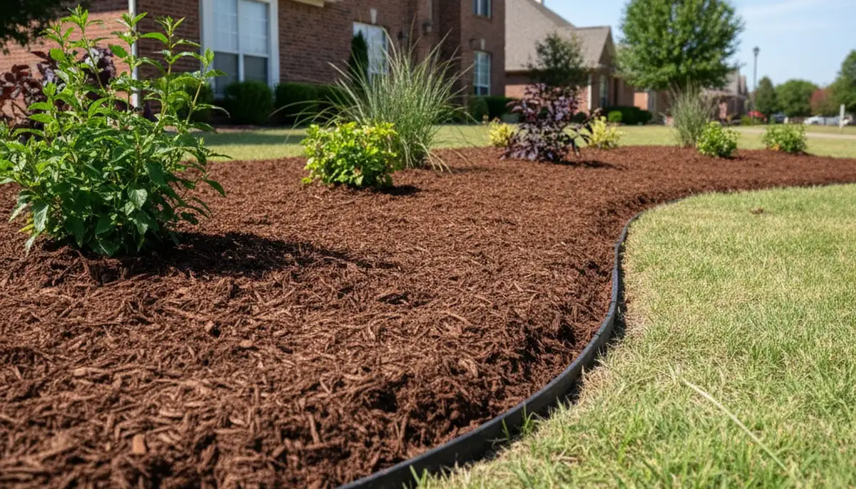 Professional mulch bed edging with fresh mulch in Oklahoma City, OK by Chop Chop Landscaping