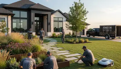 Landscaping crew providing lawn care service in Oklahoma City, OK