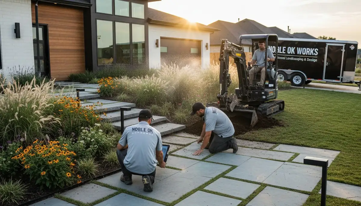 Landscaping crew servicing a lawn in Oklahoma City, OK with professional lawn care equipment