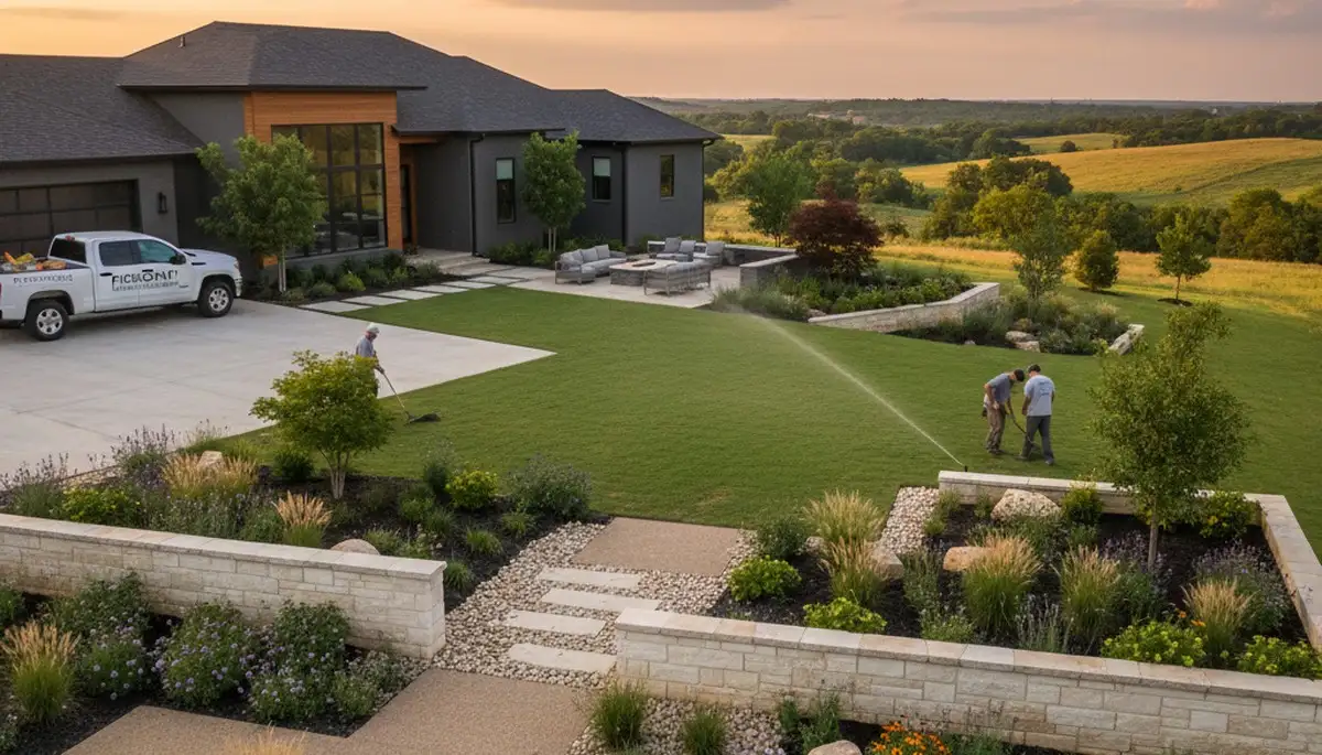 Landscaping crew providing lawn care services in Oklahoma City, OK