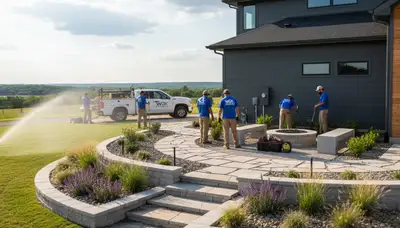 Landscaping crew servicing a lawn in Oklahoma City, OK for professional lawn care