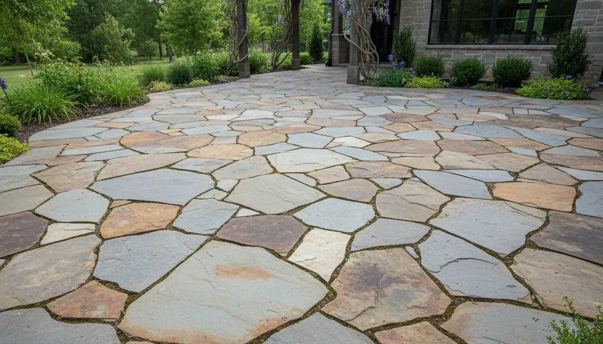 Contemporary large stone slab patio installation by Chop Chop Landscaping in Oklahoma City, OK