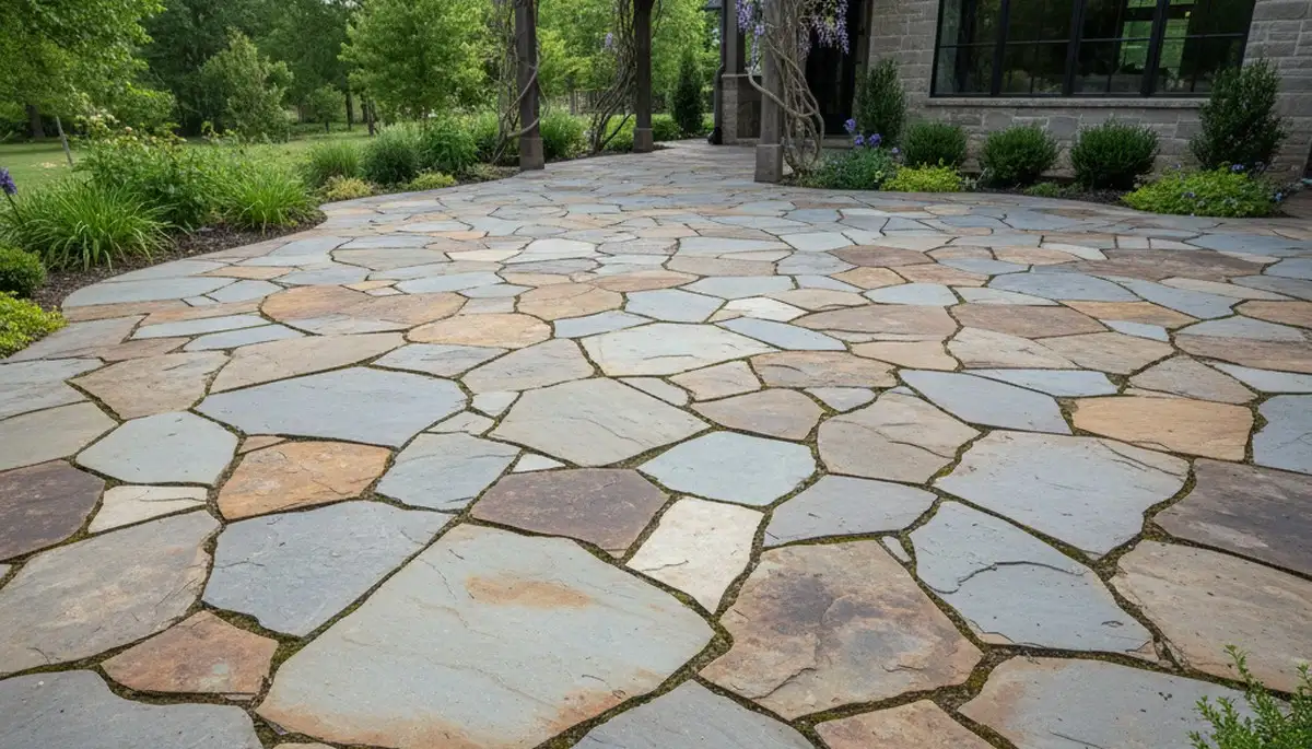 Contemporary large stone slab patio installation by Chop Chop Landscaping in Oklahoma City, OK
