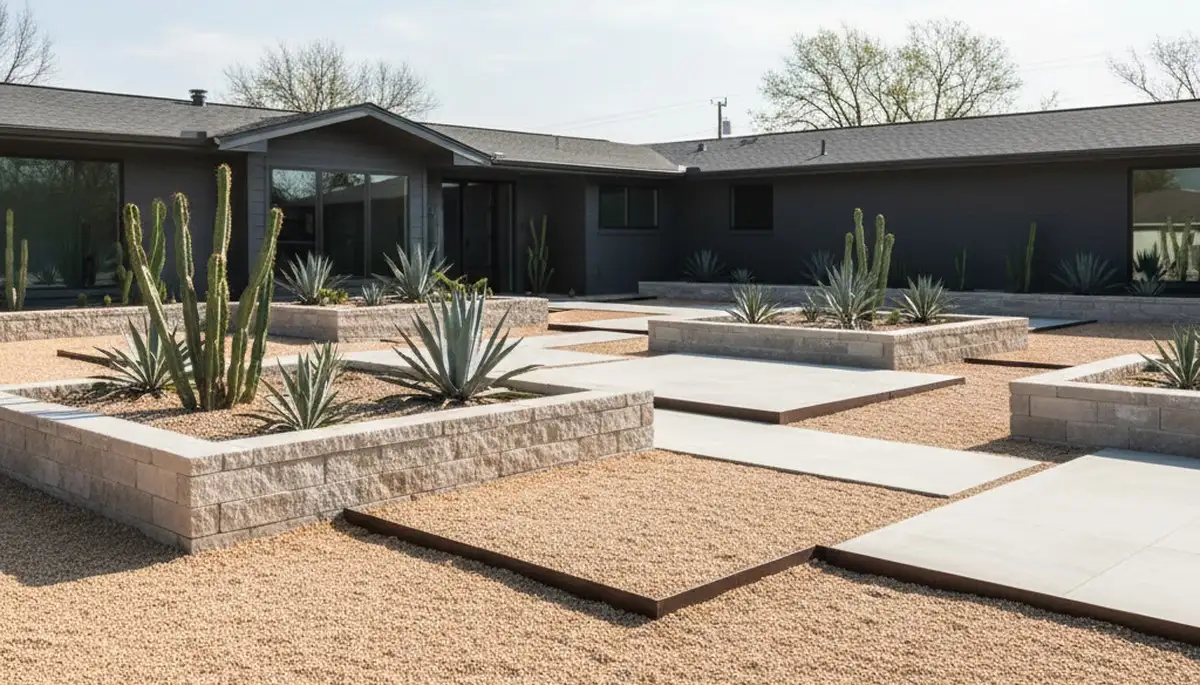 Modern minimalist pea gravel landscape design in Oklahoma City, OK by Chop Chop Landscaping