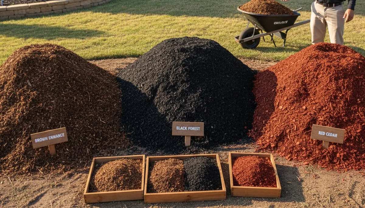 Brown, black, and red mulch color options for Oklahoma City landscaping by Chop Chop Landscaping