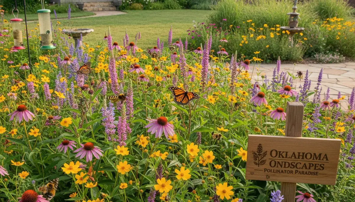Native pollinator garden with bee and butterfly plants, organic landscaping in Oklahoma City, OK