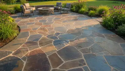 Natural flagstone patio with slate pavers installed by Chop Chop Landscaping in Oklahoma City, OK