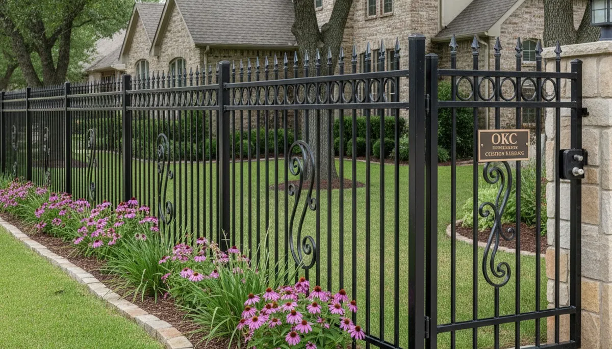 Black ornamental metal fence installation by Chop Chop Landscaping in Oklahoma City, OK