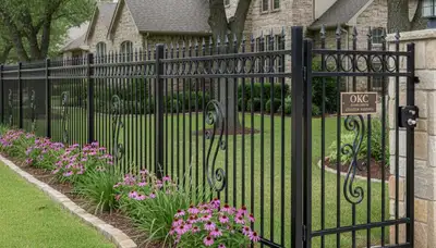 Black ornamental metal fence installation by Chop Chop Landscaping in Oklahoma City, OK