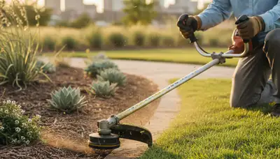 Technician edging lawn with string trimmer for precise landscaping in Oklahoma City, OK