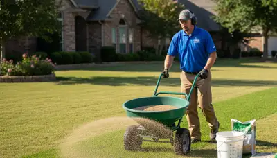 Lawn care technician applying fertilizer with spreader in Oklahoma City, OK residential yard
