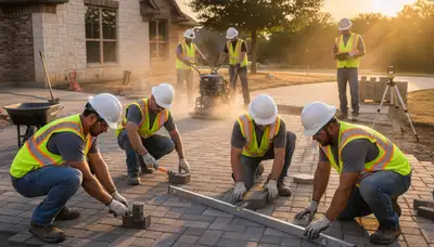 Crew installing interlocking driveway pavers in Oklahoma City, OK for Chop Chop Landscaping