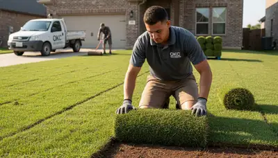 Professional sod installation by expert landscaper in Oklahoma City, OK ensuring precise turf placement