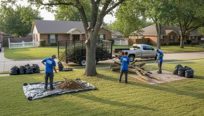 Workers performing yard cleanup and debris hauling at a residential property in Oklahoma City, OK