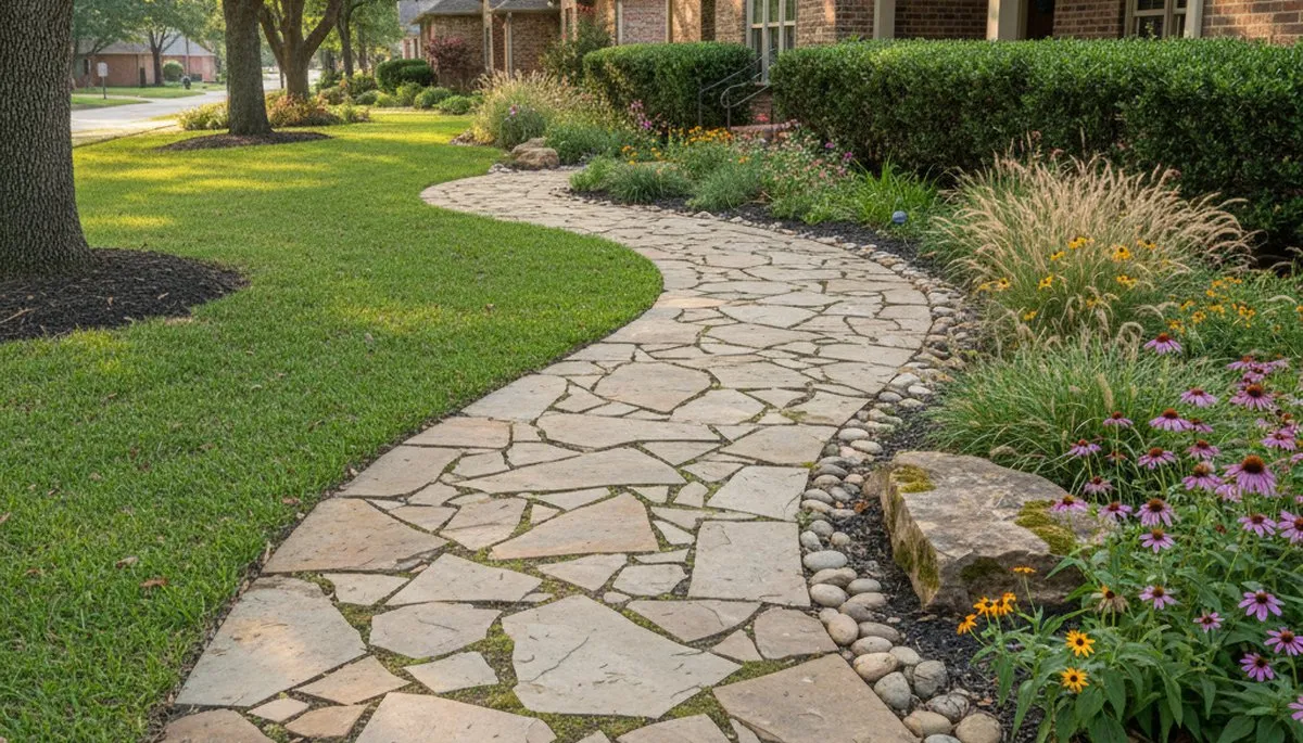 Curved stone paver walkway in residential yard by Chop Chop Landscaping, Oklahoma City, OK