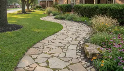 Curved stone paver walkway in residential yard by Chop Chop Landscaping, Oklahoma City, OK