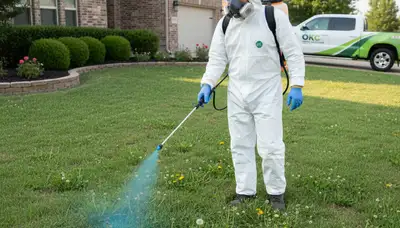 Technician applying targeted weed control with sprayer on Oklahoma City lawn for Chop Chop Landscaping